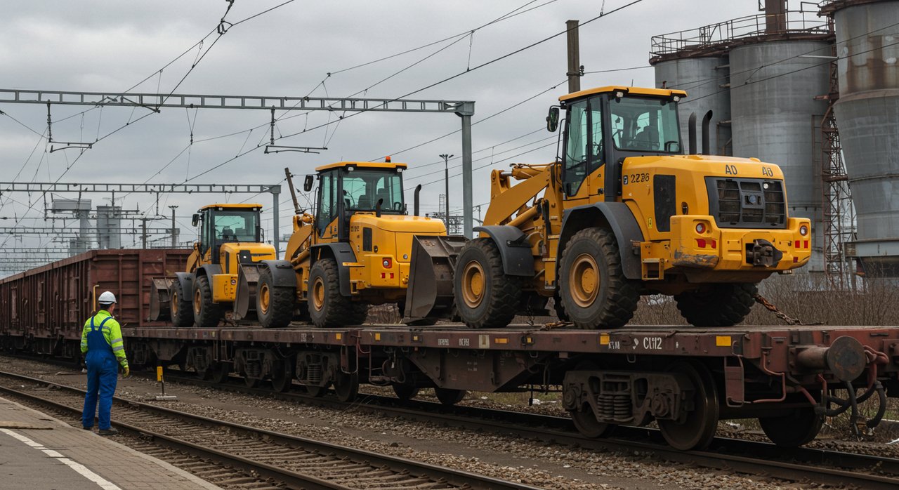 Погрузка фронтального погрузчика на железнодорожную платформу