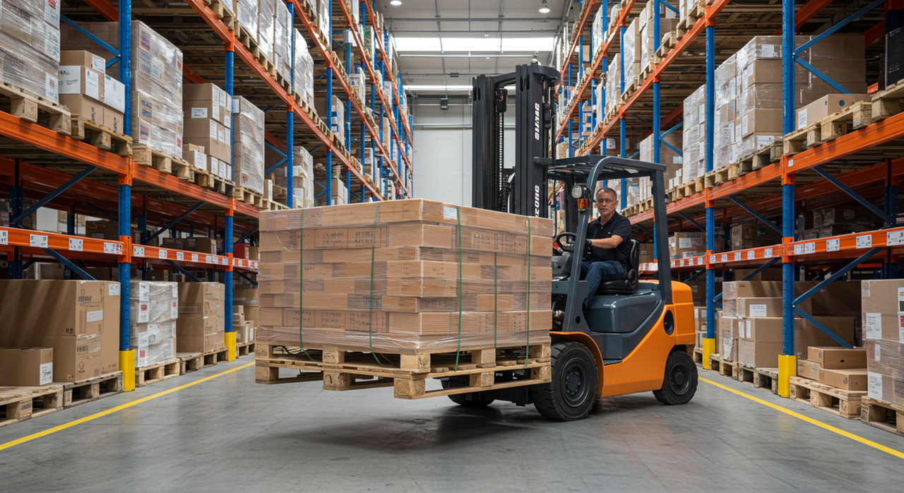 Перемещение паллета с грузом вилочным погрузчиком по складу с соблюдением правил движения.