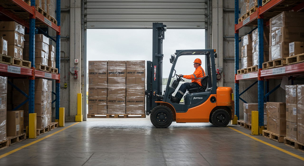 Аккуратная работа водителя погрузчика на рампе или уклоне с грузом.