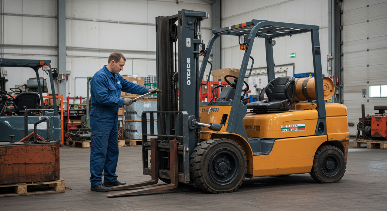 Механик и оператор осматривают погрузчик во время технического обслуживания (ТО).
